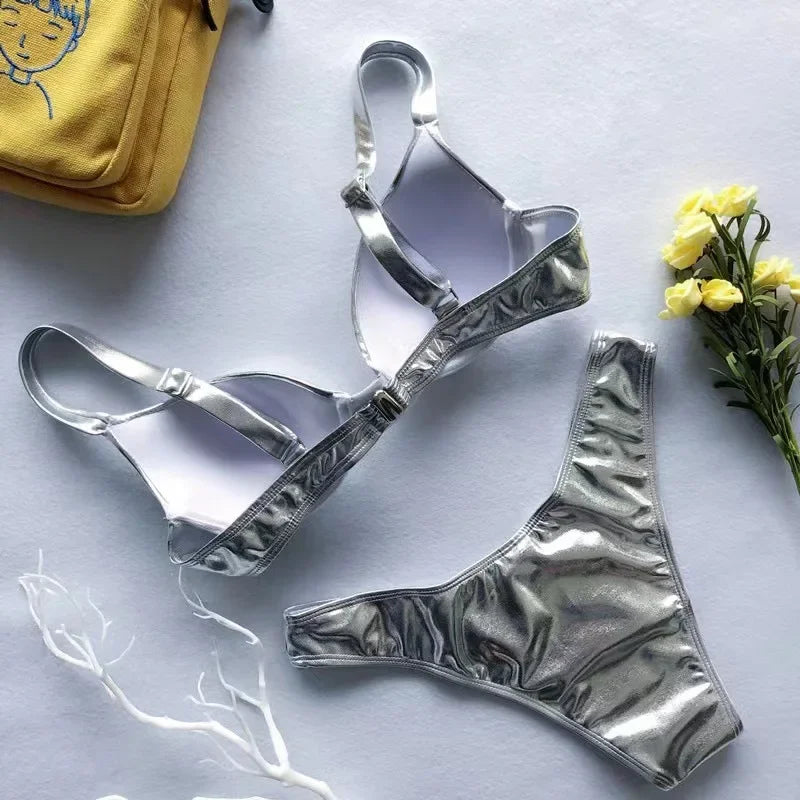 Shiny Pink Metallic Bikini Set Sexy Lingerie on Luulla