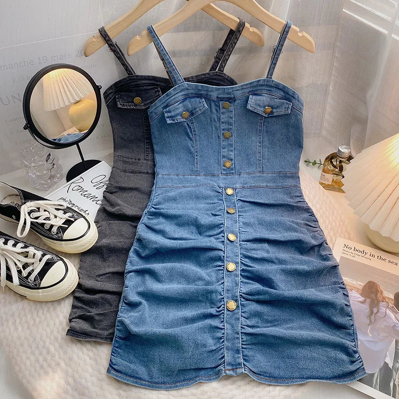 Denim Button down Sleeveless Bodycon Mini Dress on Luulla