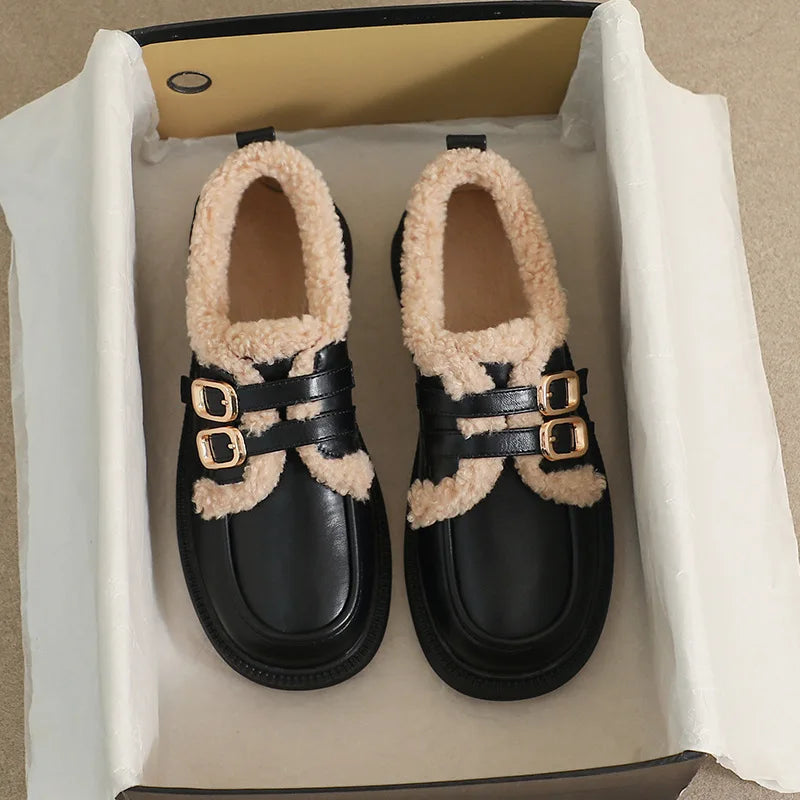 Womens Buckle Winter Faux Fur Lined Flats