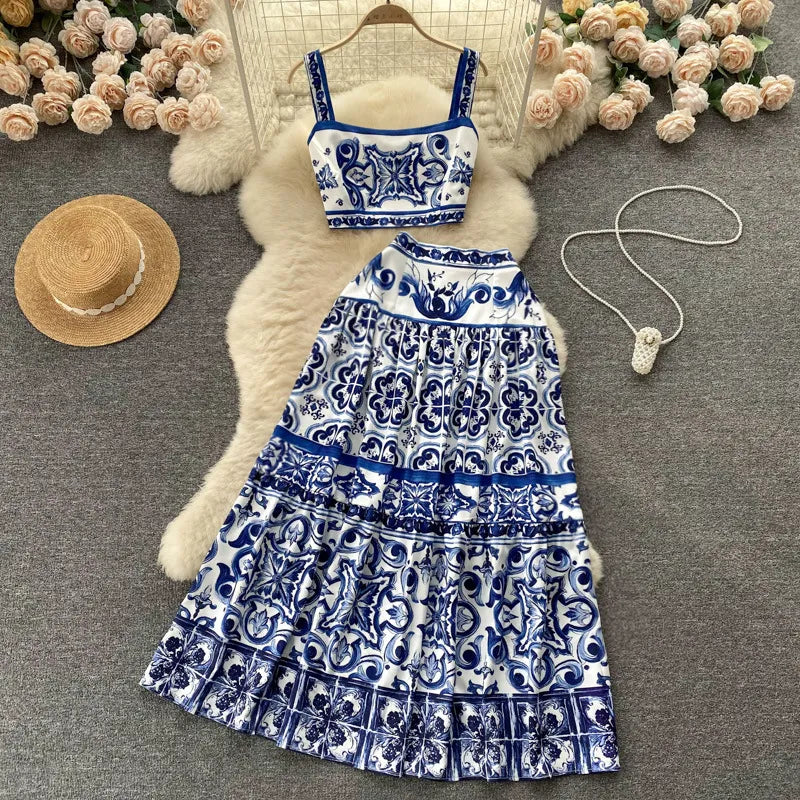 Blue White Bohemian Floral Two-piece Dress Set