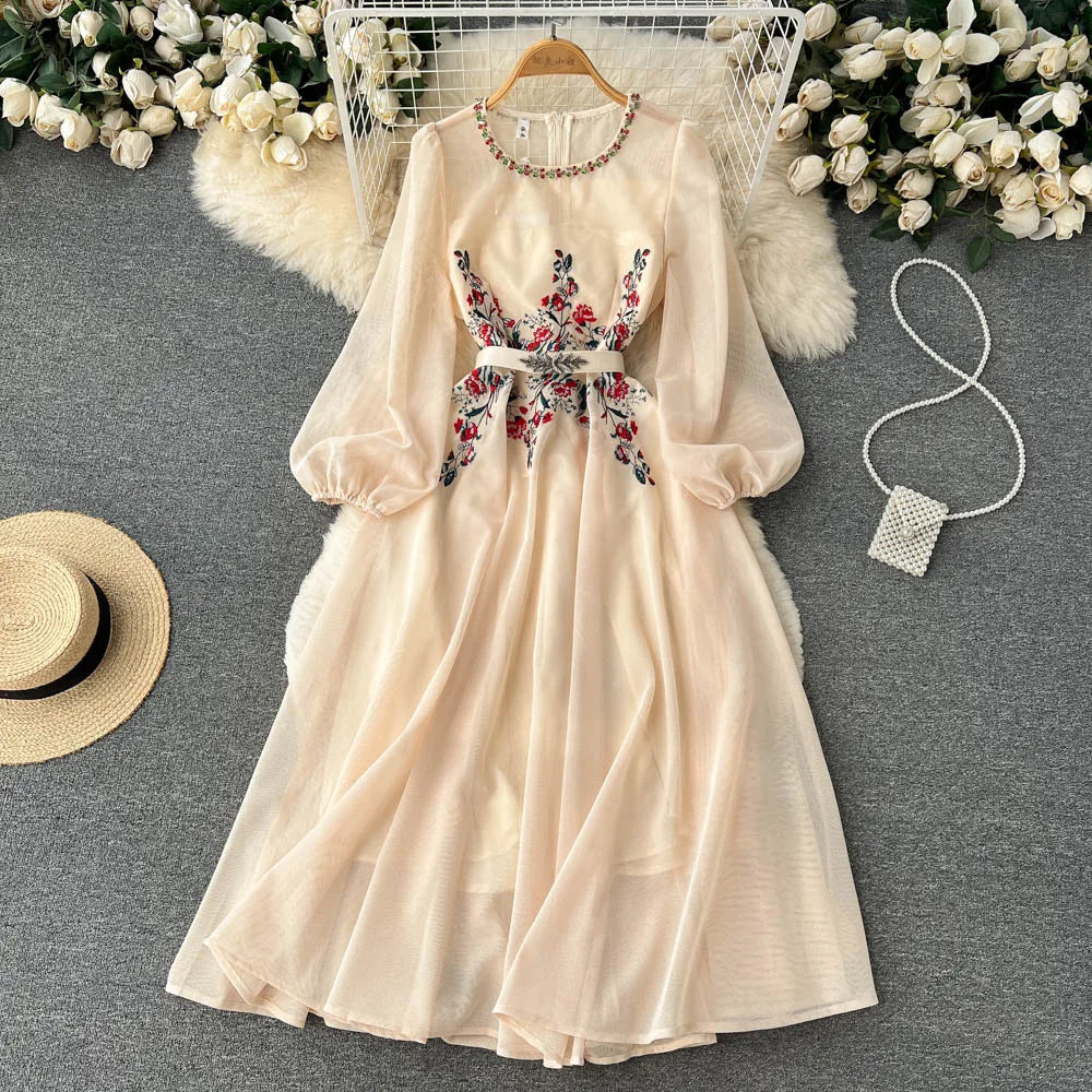 Elegant Floral Embroidered Long Sleeve A-Line Dress