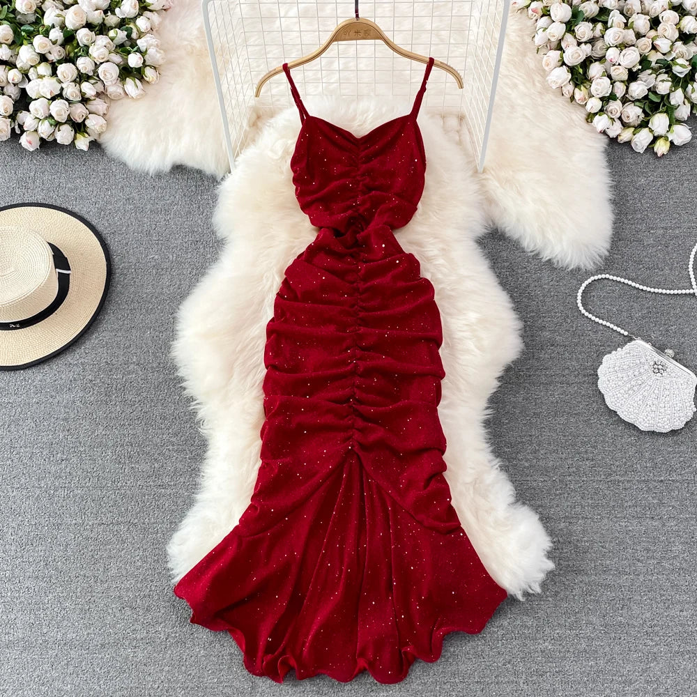 Elegant Ruched Red Spaghetti Strap Evening Dress