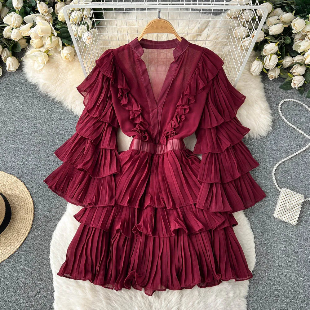 Fashionstyles Burgundy Tiered Ruffle Long Sleeve Mini Dress