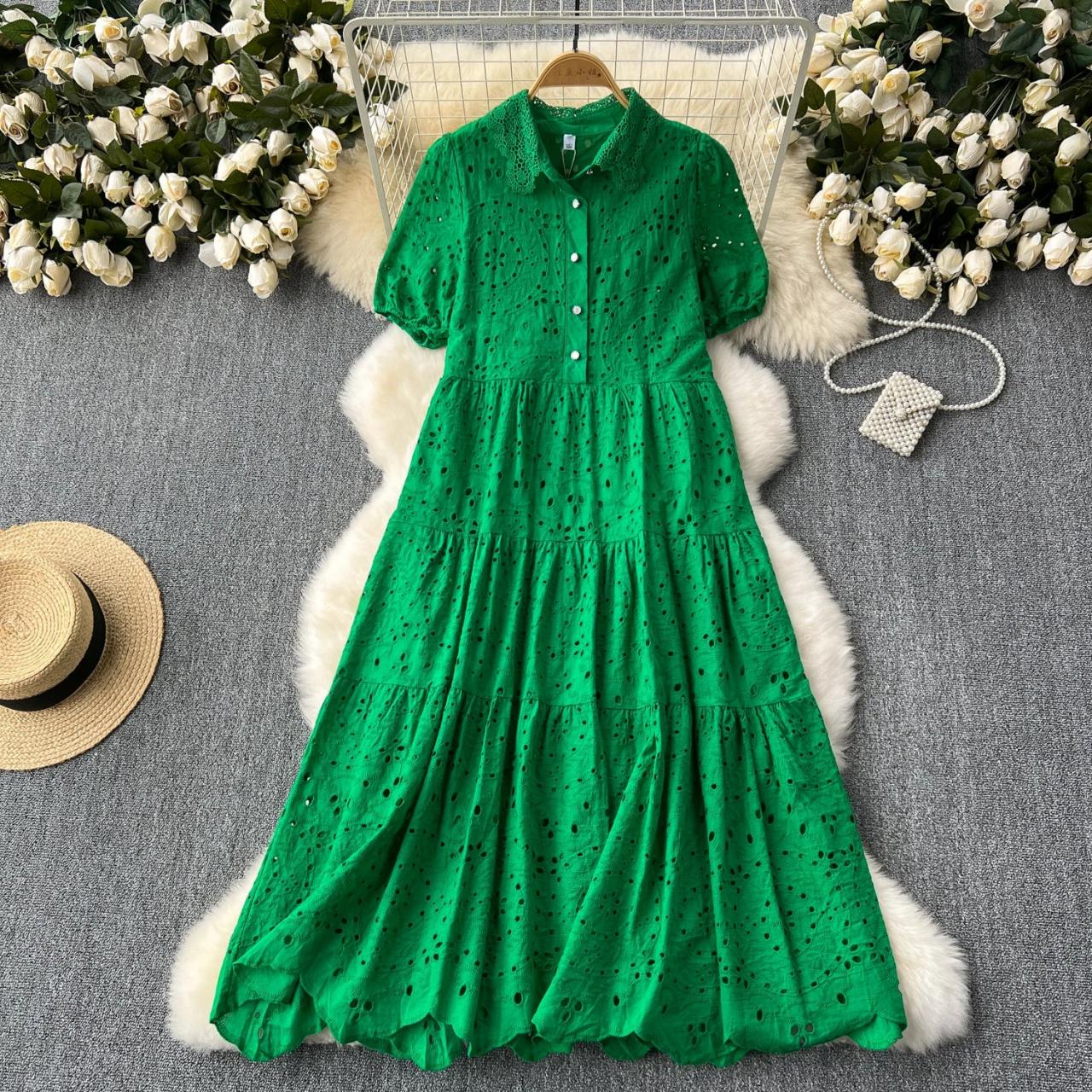 Green Eyelet Button-front Tiered Maxi Dress