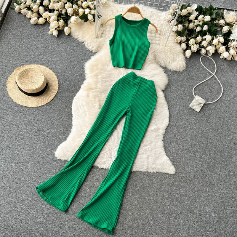 Green Ribbed Two piece Flare Pants Set on Luulla