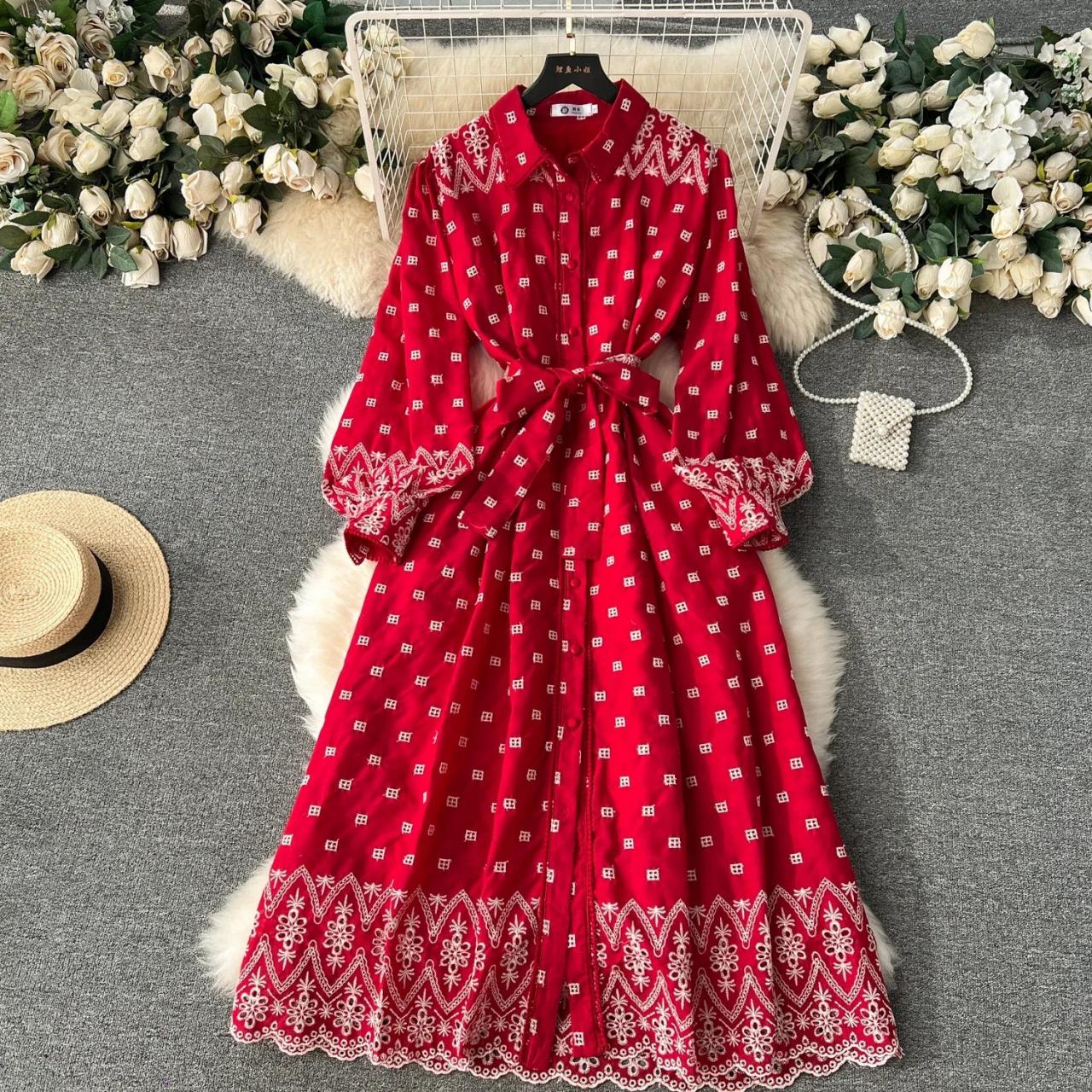 Red Floral Embroidered Long Sleeve Maxi Dress