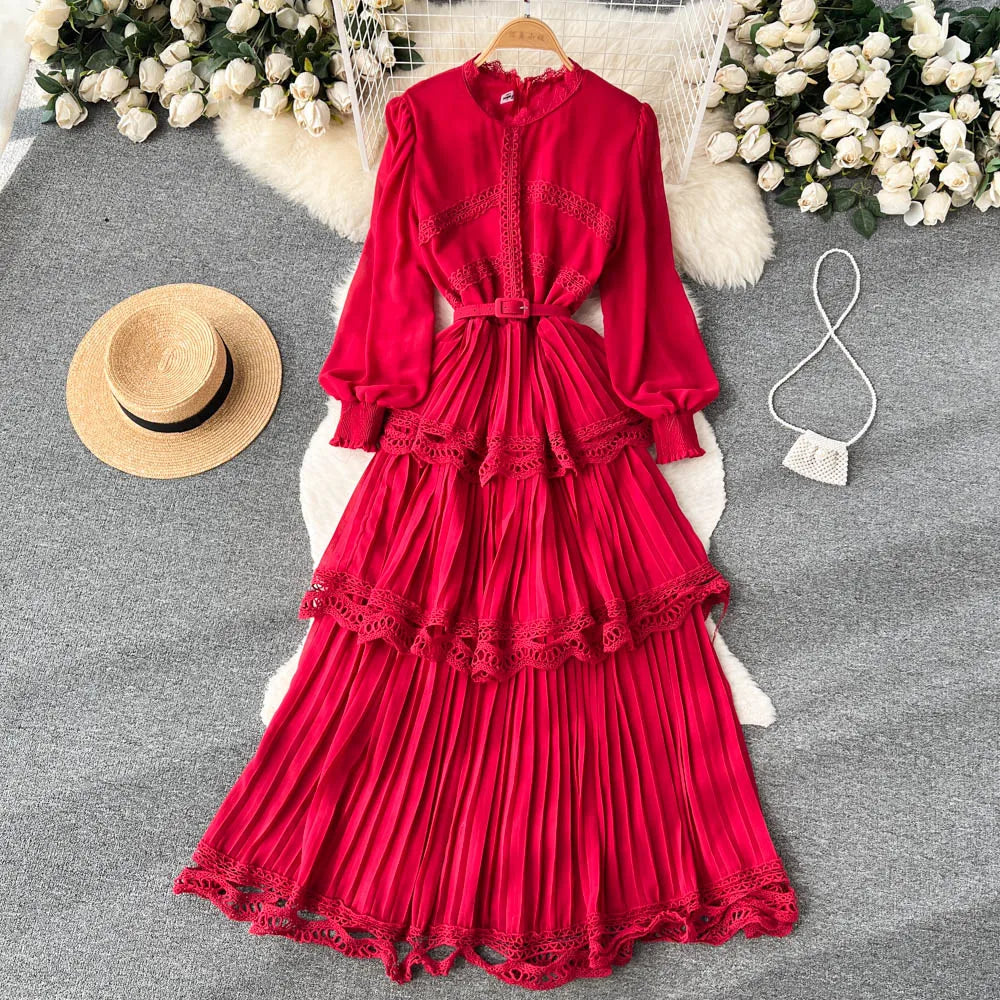 Elegant Red Long-sleeve Lace Midi Dress