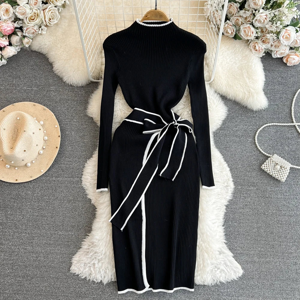 black knitted dress with belt Knit And Trim Knee-Length Bridesmaid Dresses