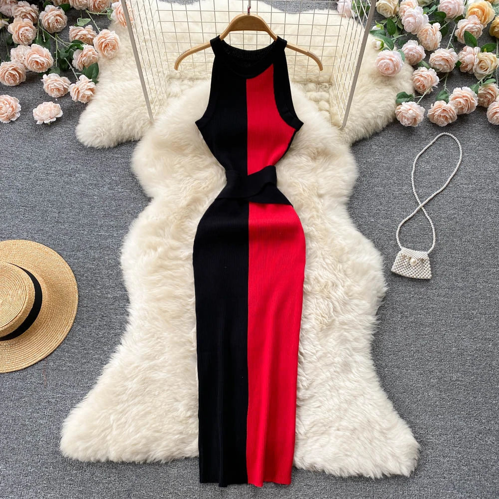 Black And Red Sleeveless Colorblock Maxi Dress