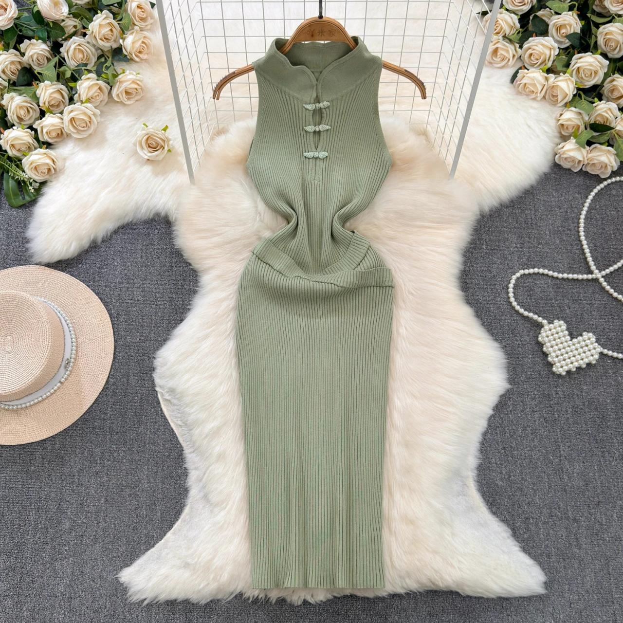 Elegant Olive Green Ribbed Midi Dress