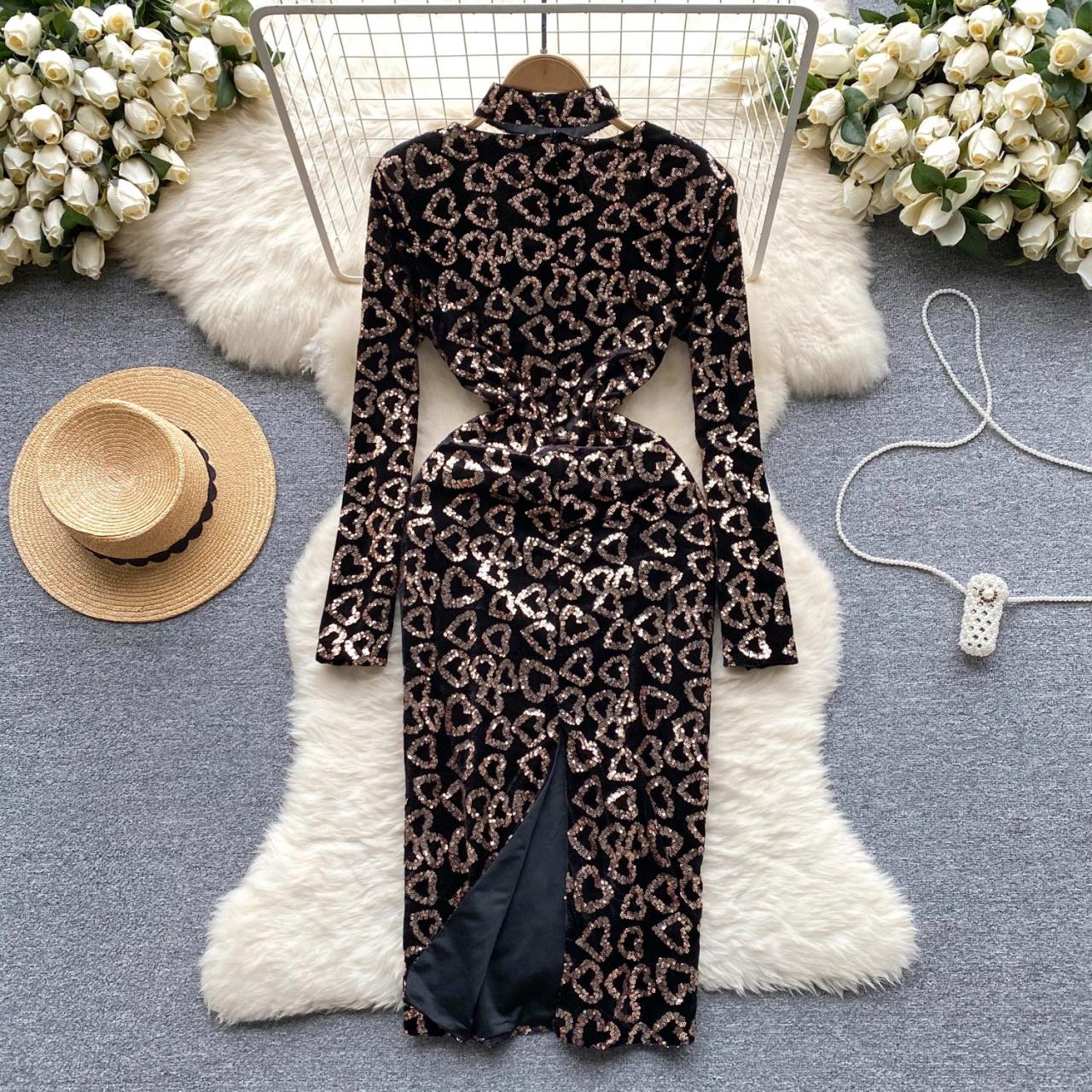 Elegant Black Sequin Heart Midi Dress on Luulla