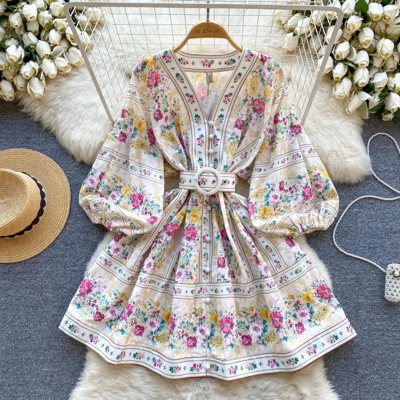 Floral Print Long Sleeve Belted Mini Dress