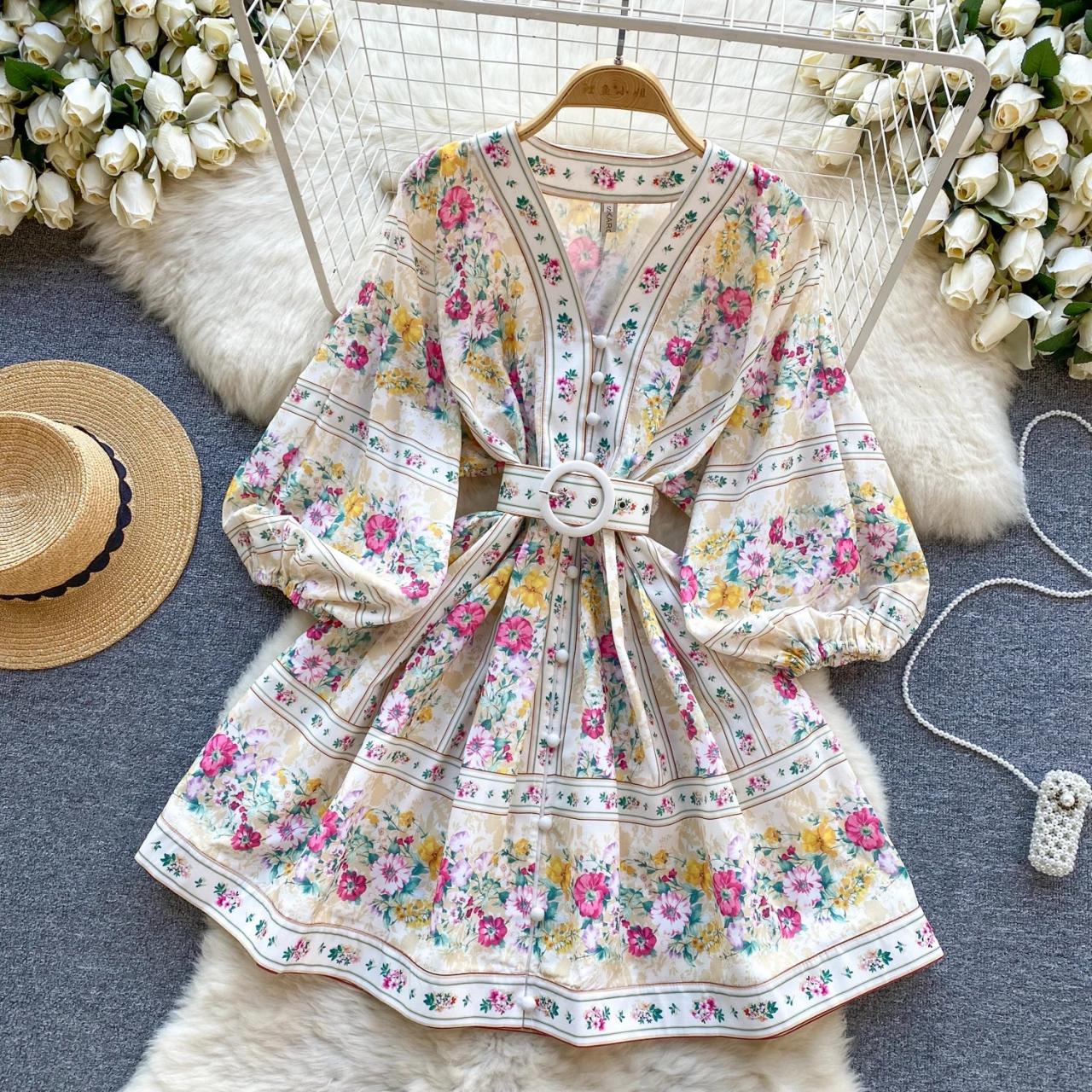 Floral Print Long Sleeve Belted Mini Dress