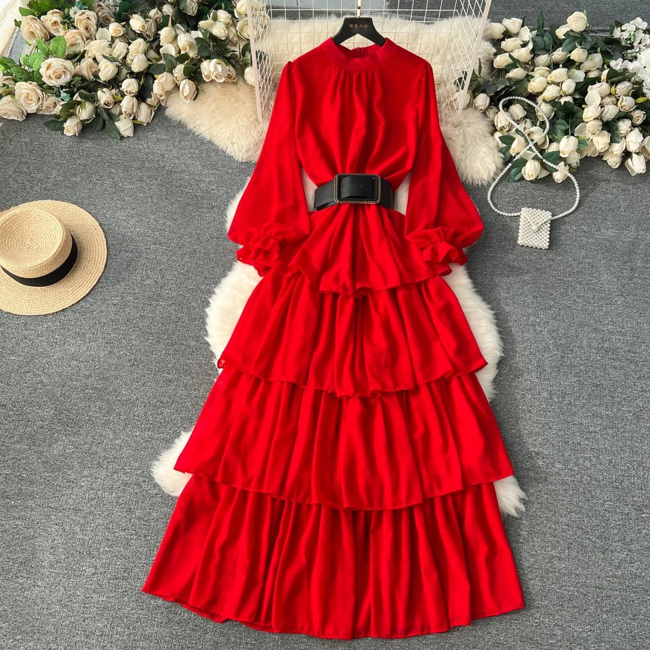 Red ruffle maxi dress store