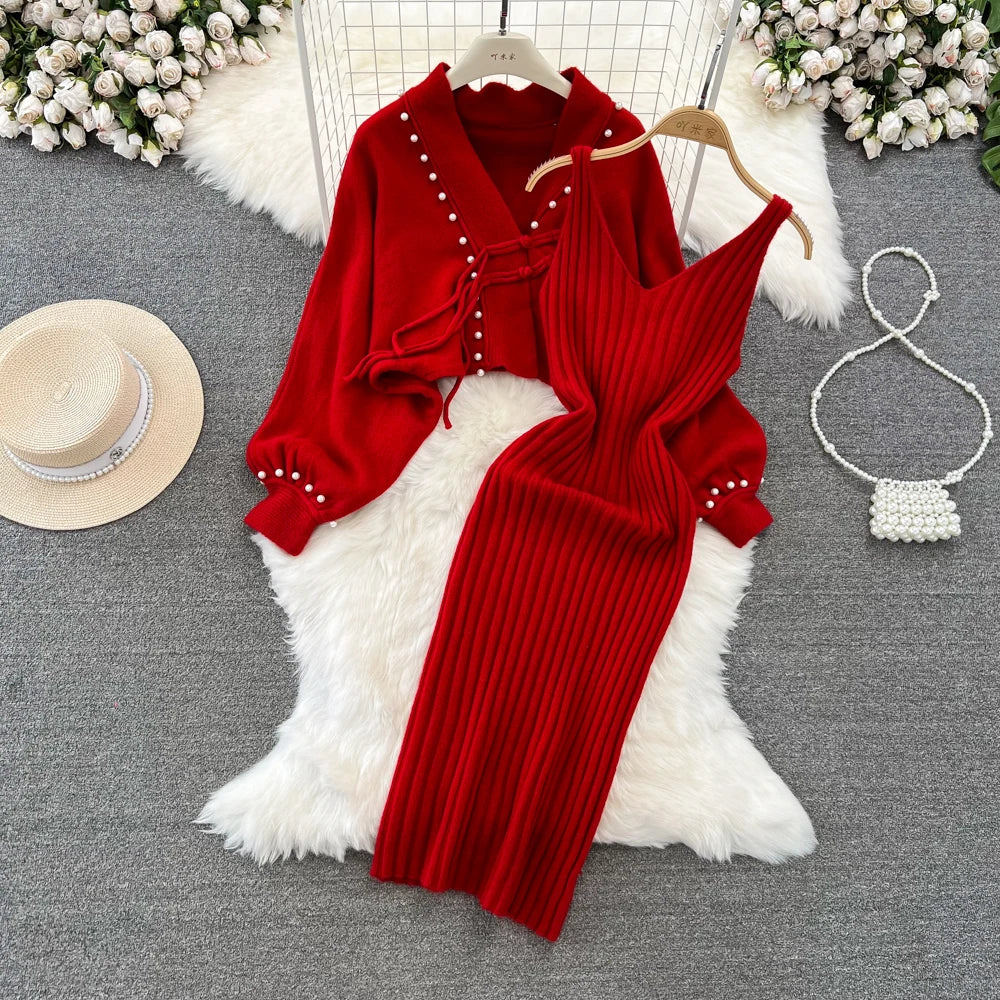 Red Sweater Dress And Cardigan Set on Luulla