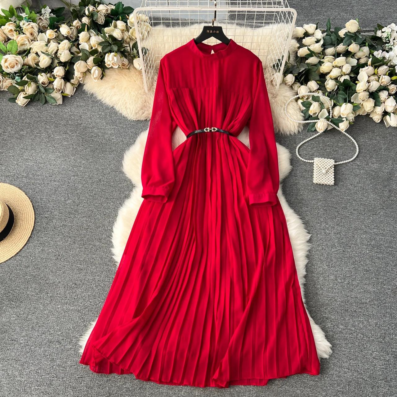 Red long sleeve pleated dress cheap