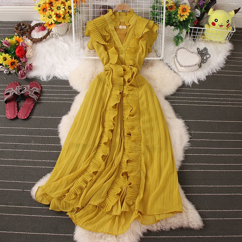 Elegant Mustard Ruffle Chiffon Maxi Dress on Luulla