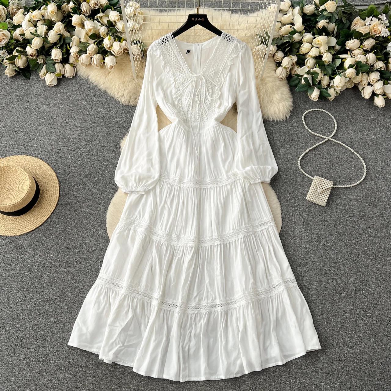 fitted lace wedding dress White Embroidered Boho Maxi Dress with Long Sleeves – The Levant Swan main image 1