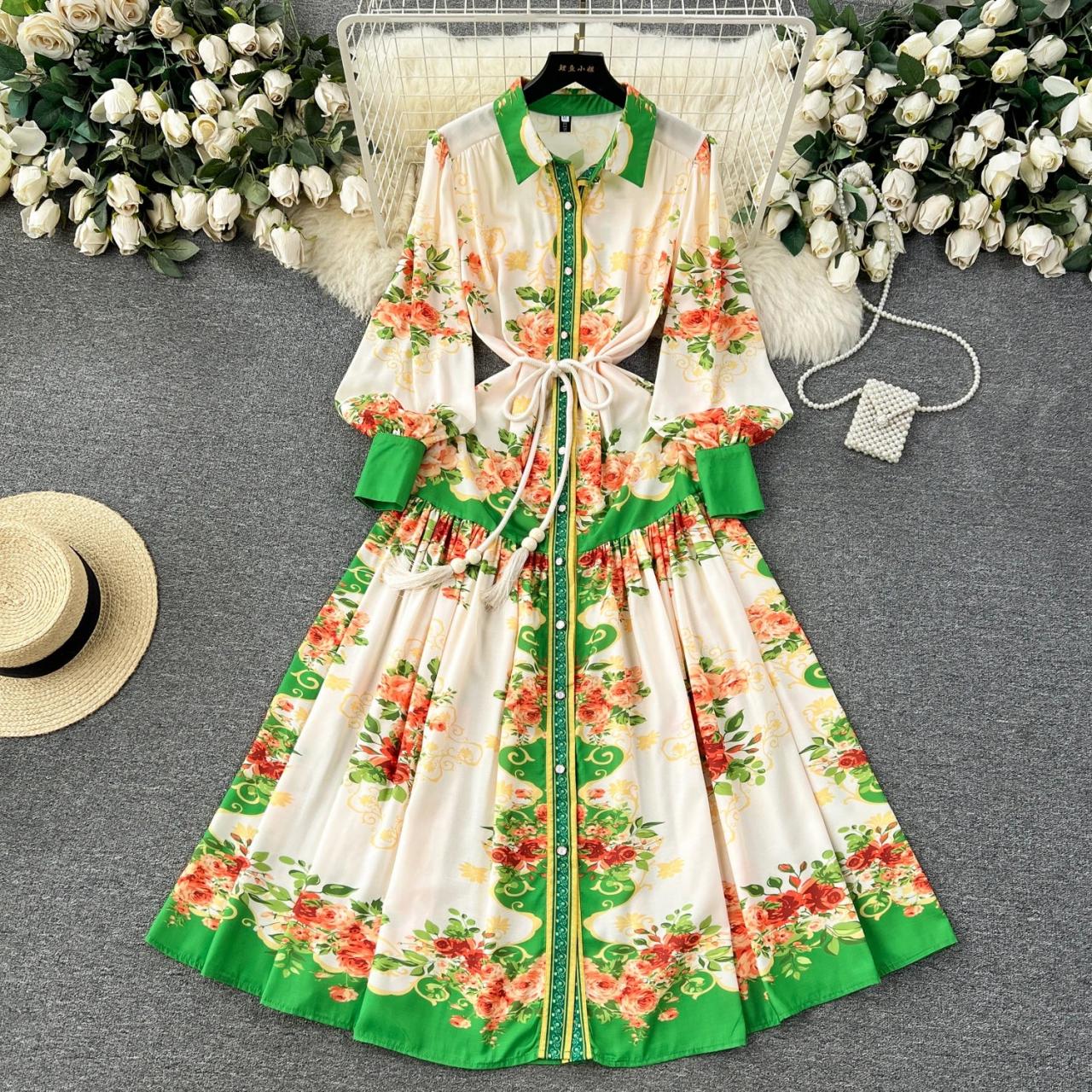 Floral Print Long Sleeve Button Down Maxi Dress
