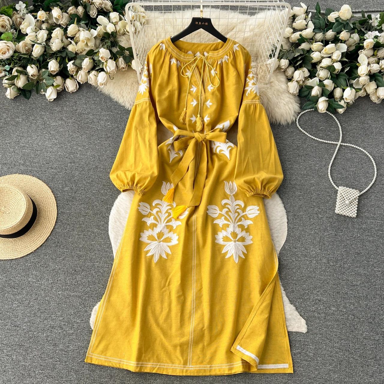 Floral Embroidered Bohemian Dress with Balloon Sleeves
