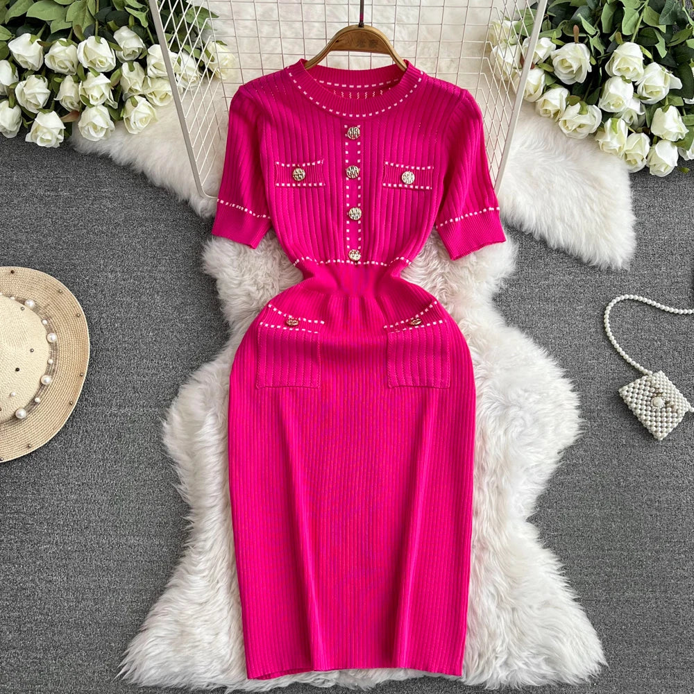 Elegant Pink Knitted Midi Dress