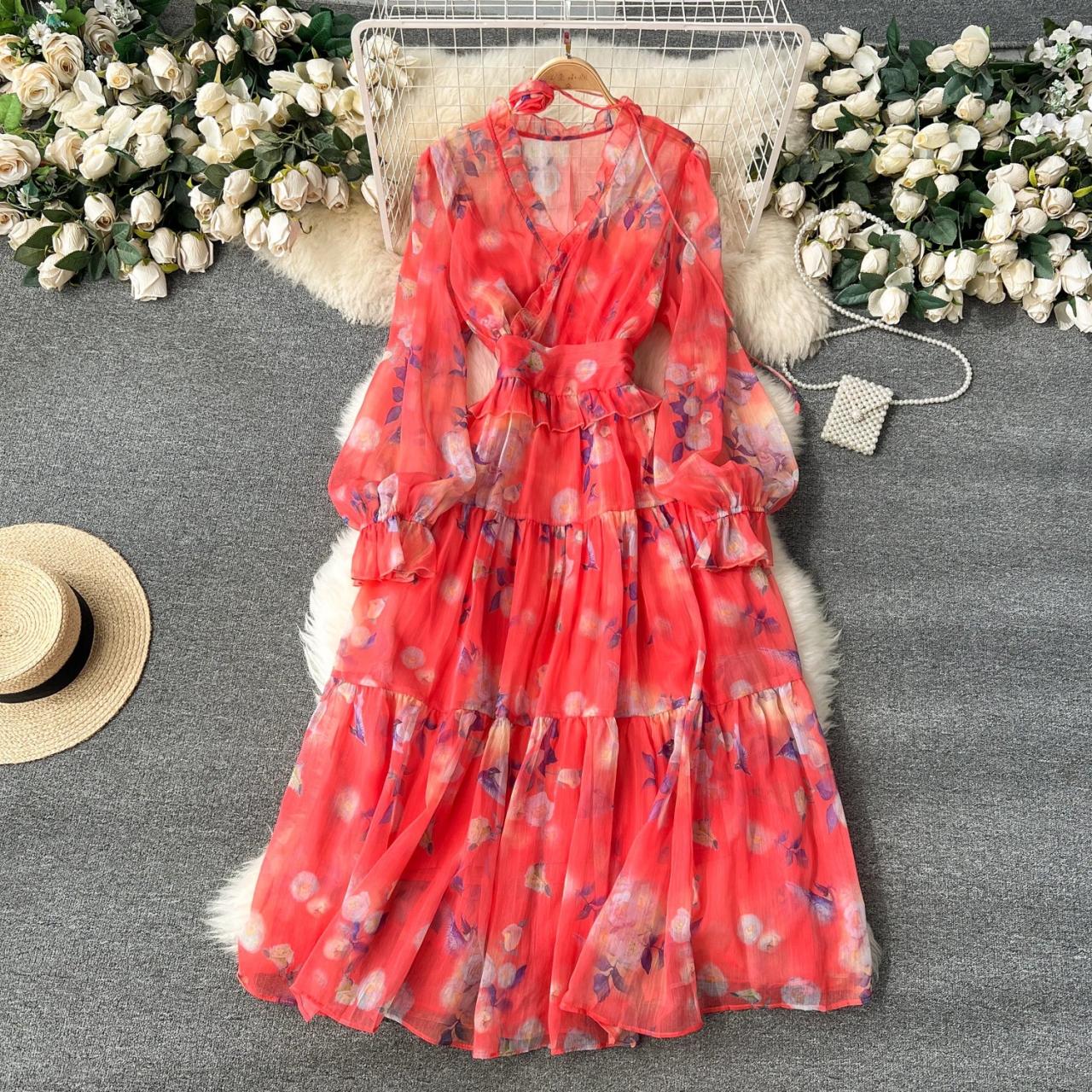 red floral chiffon maxi dress Pretty Lavish chiffon one shoulder scarf neck maxi dress in red floral