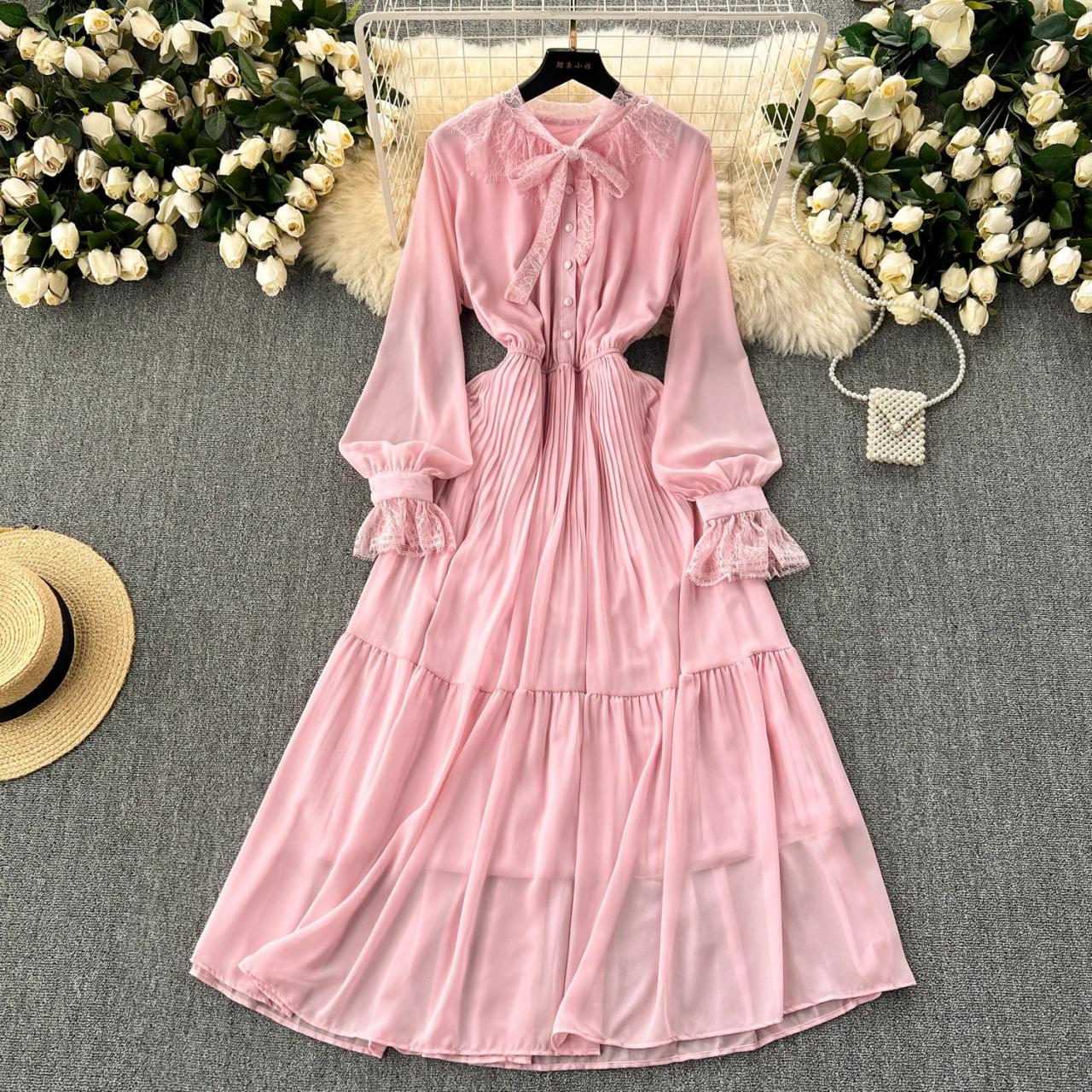 long flowing pink dress with lace sleeves Trumpet Pink Lace Prom Dresses with Sheer Long Sleeves  loveangeldress