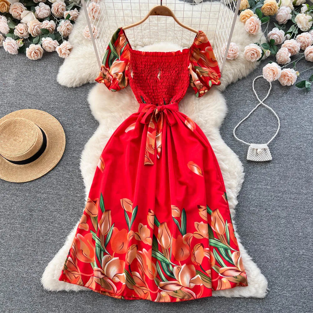 Summer Floral Off-Shoulder Smocked Midi Dress