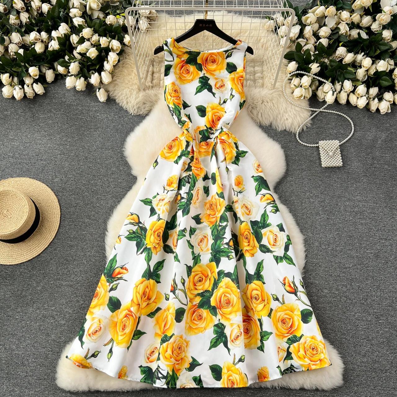 knee length dresses for ladies Elegant Mustard Yellow Maxi Dress with White Floral Print – Modest Lon –  FineLook main image 1