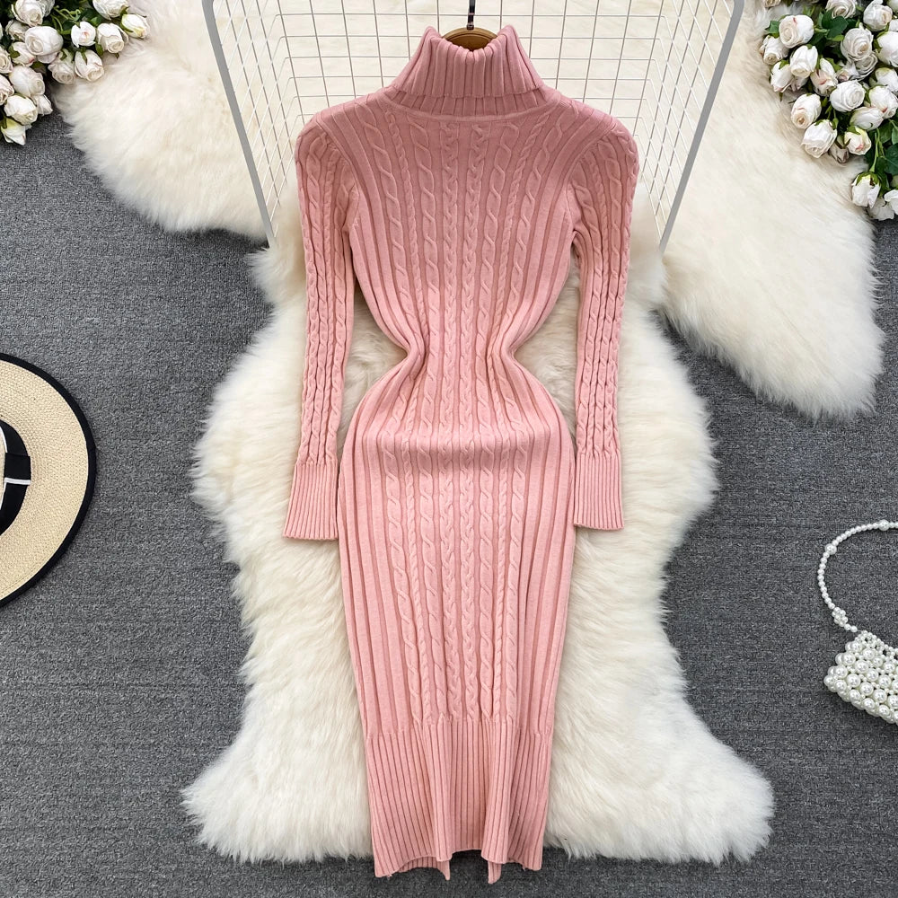 Elegant Pink Ribbed Turtleneck Cable Knit Dress
