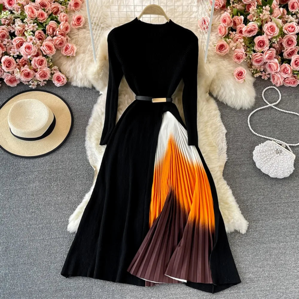 Elegant Black Dress With Colorful Pleated Skirt