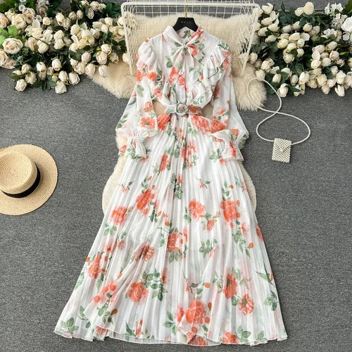 chinese dress ladies Three Quarter Sleeve Pleated Midi Dress with Tie Waist in Hunter