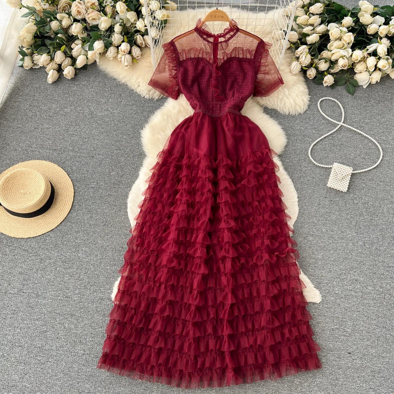 Elegant Ruffled Burgundy Mesh Maxi Dress