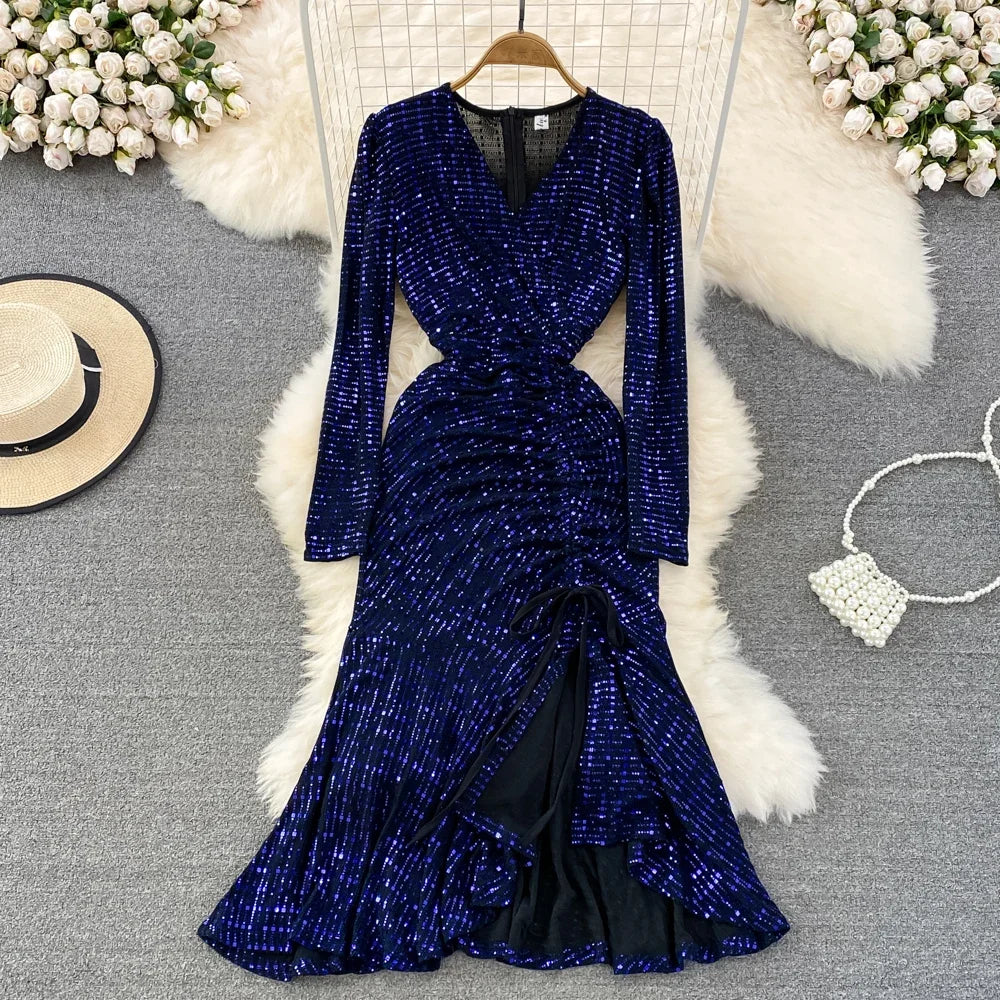 Elegant Midnight Blue Sequin Party Dress