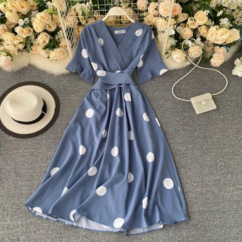 Elegant Blue Polka Dot Summer Midi Dress on Luulla