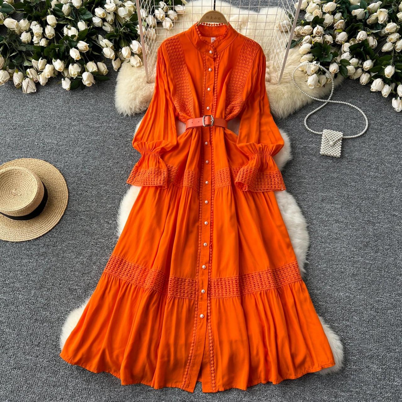 Elegant Long sleeve Orange Belted Maxi Dress