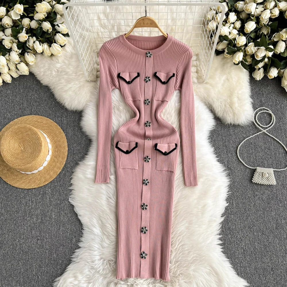Elegant Pink Ribbed Knit Button-down Dress on Luulla