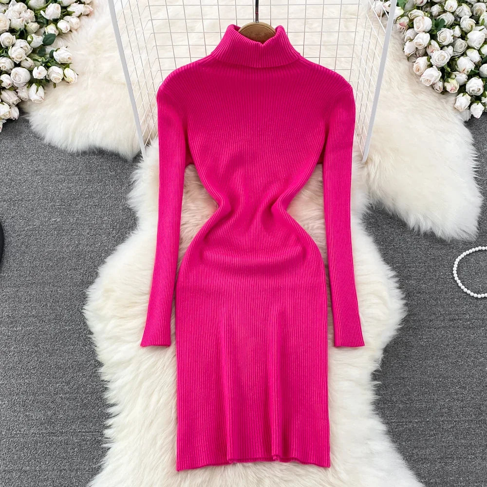 Pink Ribbed Turtleneck Bodycon Midi Dress on Luulla
