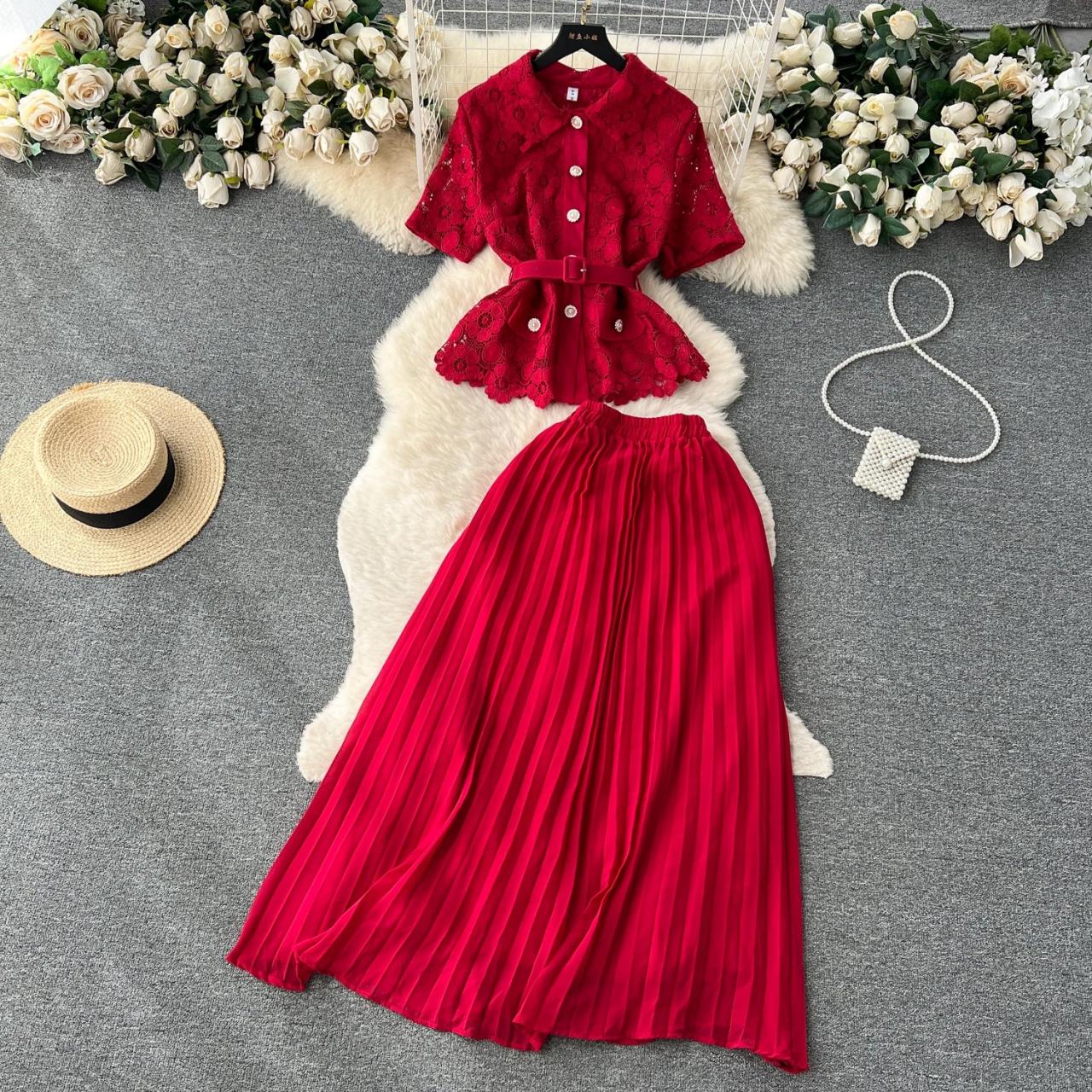 Elegant Red Lace Top And Pleated Skirt Set on Luulla