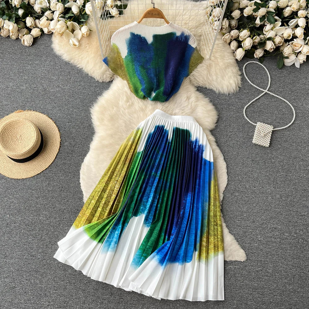 Pleated Sleeveless Top and Midi Skirt Set