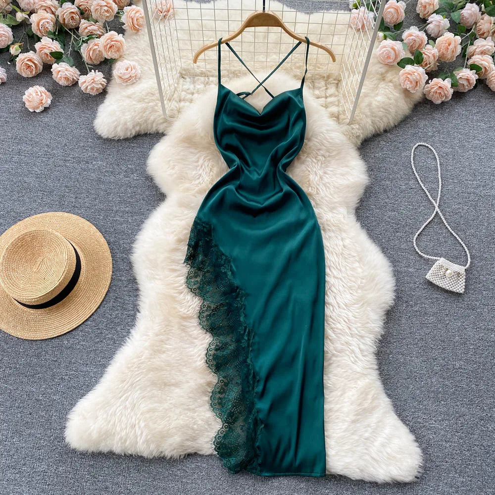 green emerald velvet dress Wrap Front Maxi Slip Dress With Waist Tie-Up - Olive Green main image 0