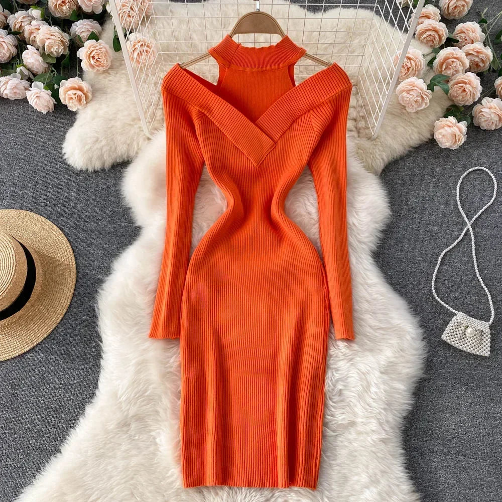 Chic Orange Ribbed Cutout Long Sleeve Dress on Luulla