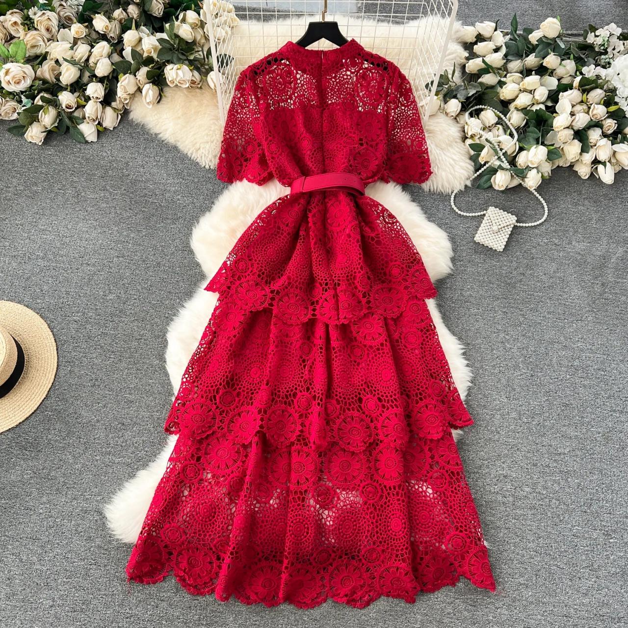 Elegant Red Lace Tiered Midi Dress