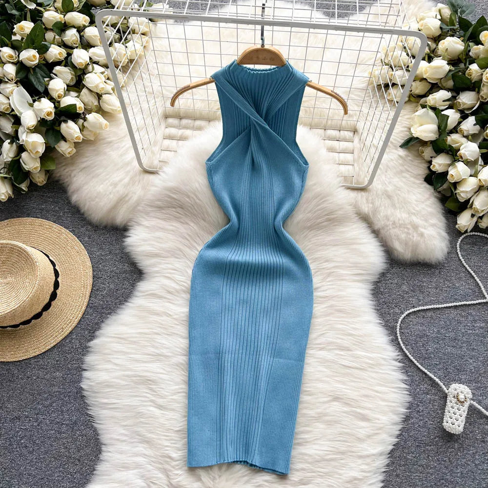 fitted lace wedding dress Ribbed Crew Neck Sleeveless Bodycon Midi Dress S / Black main image 0