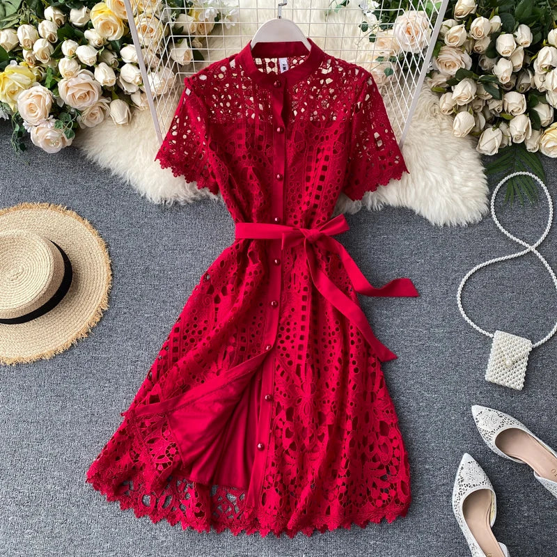 Red lace short sleeve dress top