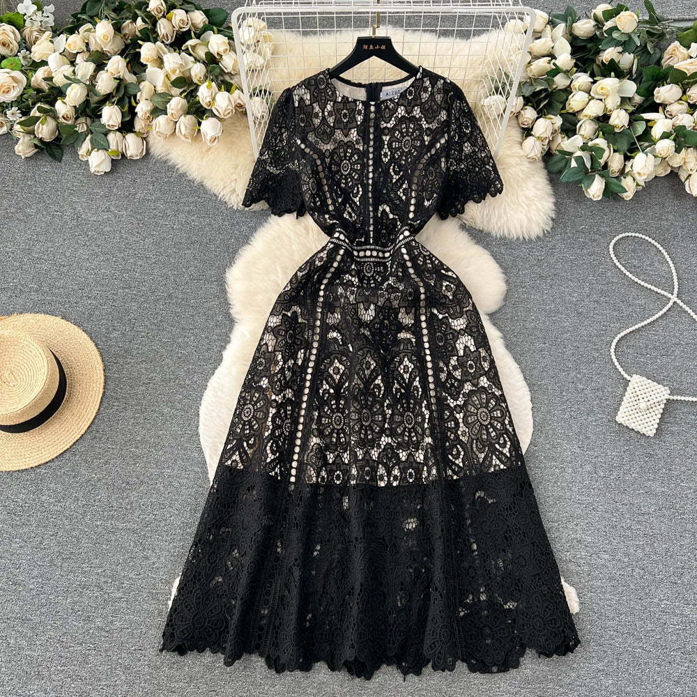 Elegant Black Floral Lace Midi Dress