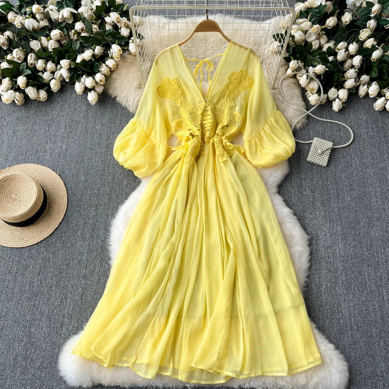 chinese dress ladies Yellow Tiered Ruffle Chiffon Prom Dress with Slit & Pearled Lace Bodice –  RF043 – Viniodress