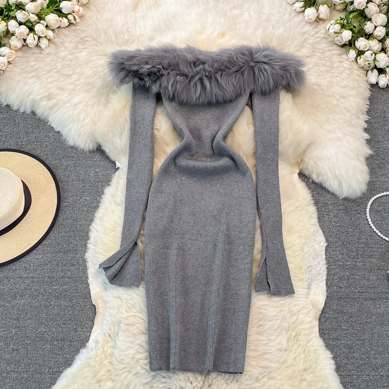 Off the shoulder fur dress clearance