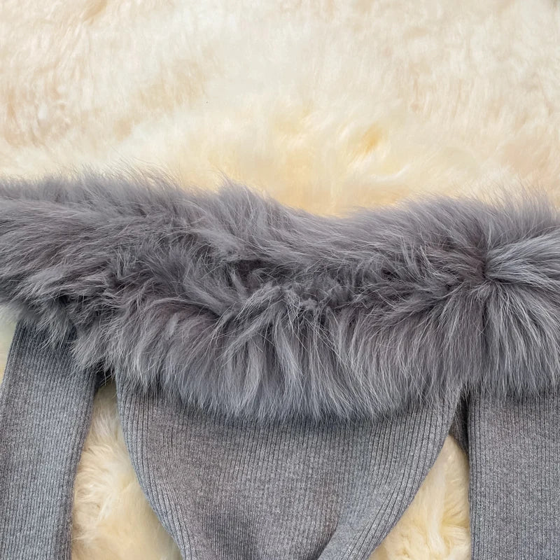 Elegant Gray Off-shoulder Fur Trim Dress on Luulla