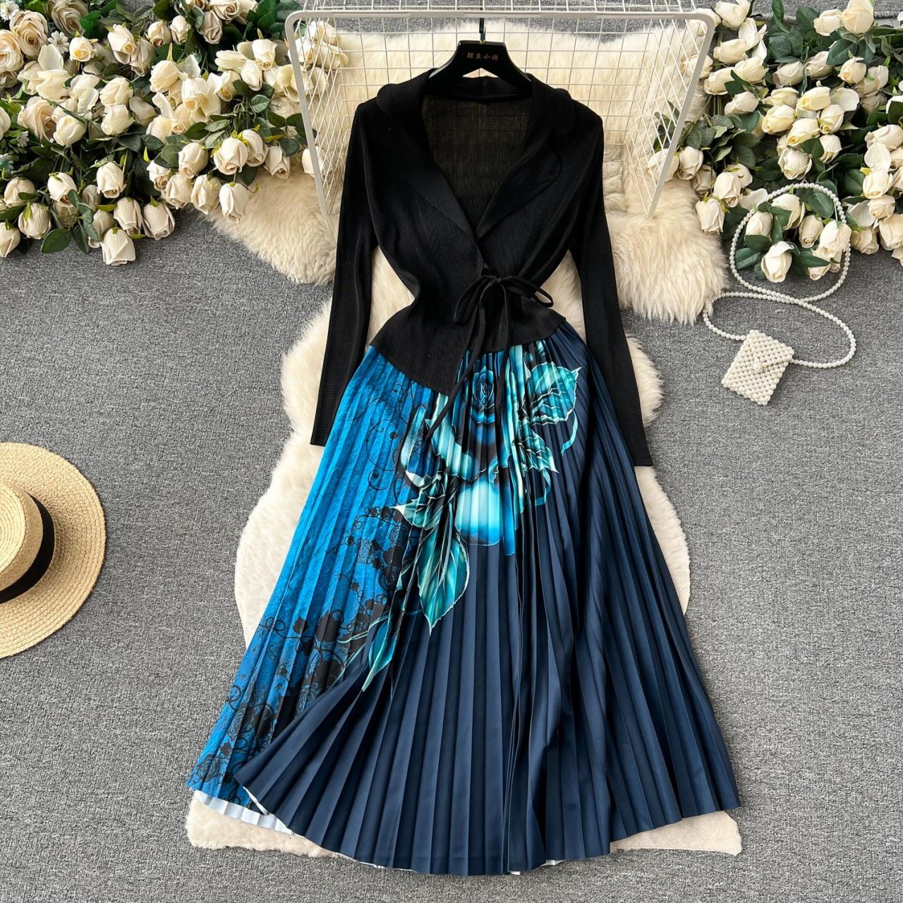 strapless open back dress Elegant Pleated Chiffon Dress with Artistic Print main image 0